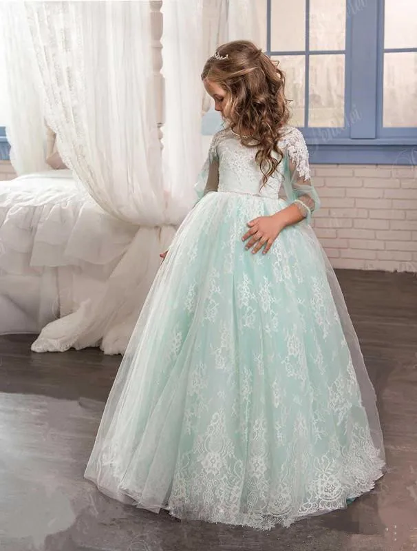 2017 Mint Green Flower Girl Dresses O Neck Three Quarter Sleeve Lace Floor Length Girls Birthday Dress graduation gowns children | Свадьбы и