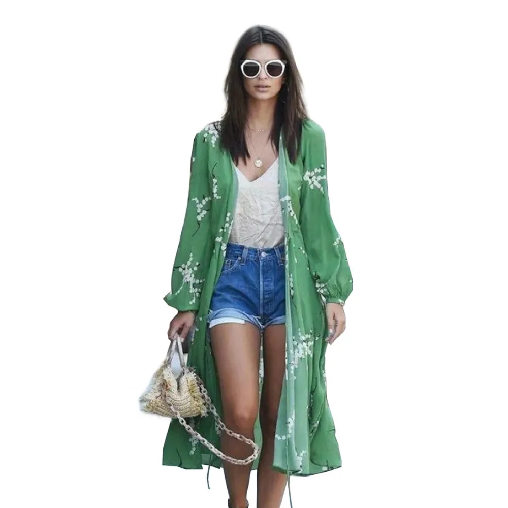 Женский новый винтажный Ретро цветочный принт зеленый цвет длинный дизайн