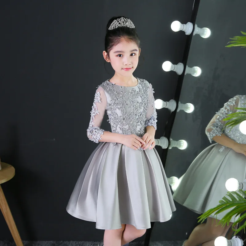 Princess dress toddler girls costumes evening formal prom silver pleat lace flower appliques party 2018 hollow out sleeves | Детская