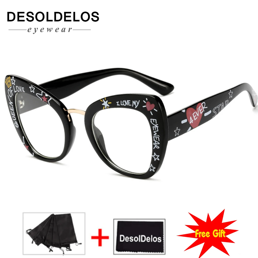 

Black printed letters sexy fashion eyewear cat eye designer brand luxury big eye glasses cat eye frames for women female oculos