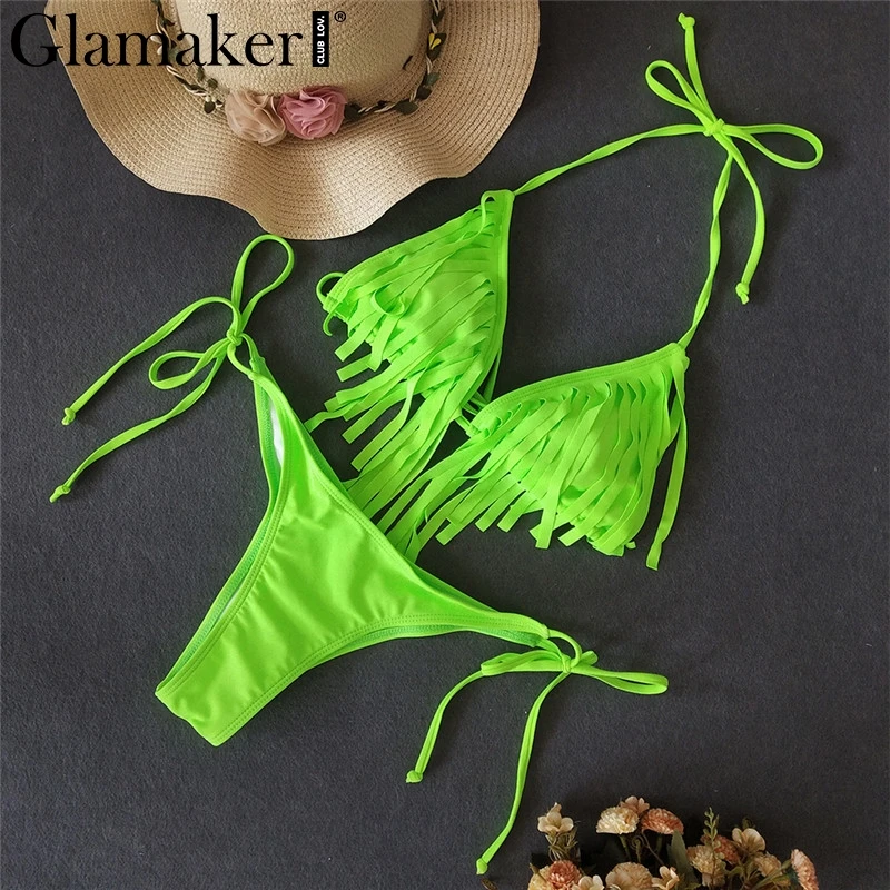 Glamaker Зеленый бикини mujer Холтер Бразильский Купальник боди Женский стринги
