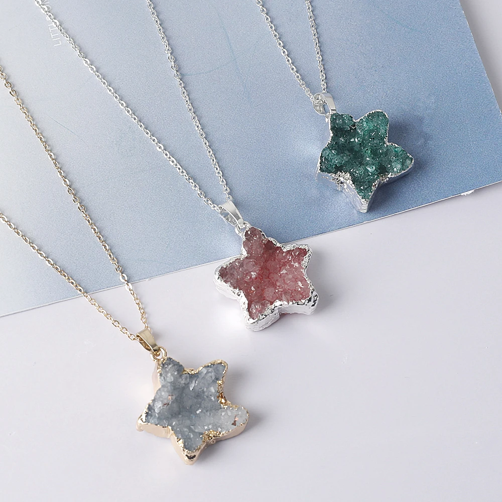

1PCS Star Shape Pendulum Natural Druzy Crystal Quartz Pendant Stone Plating Women For Jewelry Making