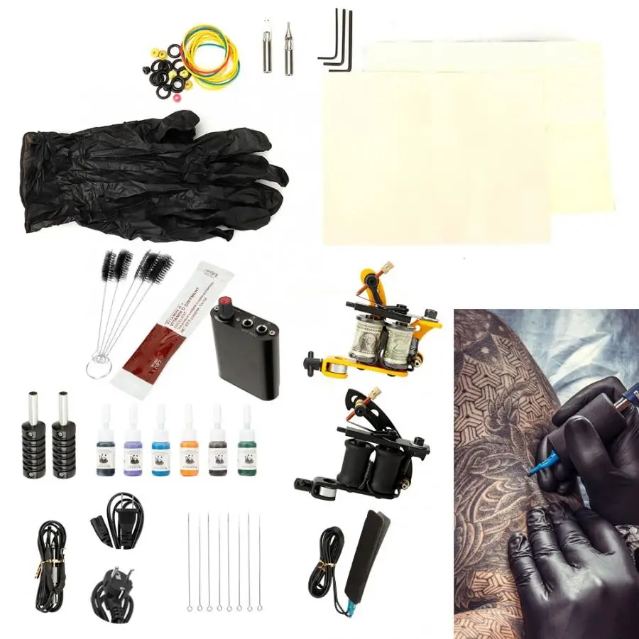 Полный набор для татуировок начинающих блок питания чернила тату-иглы машинка