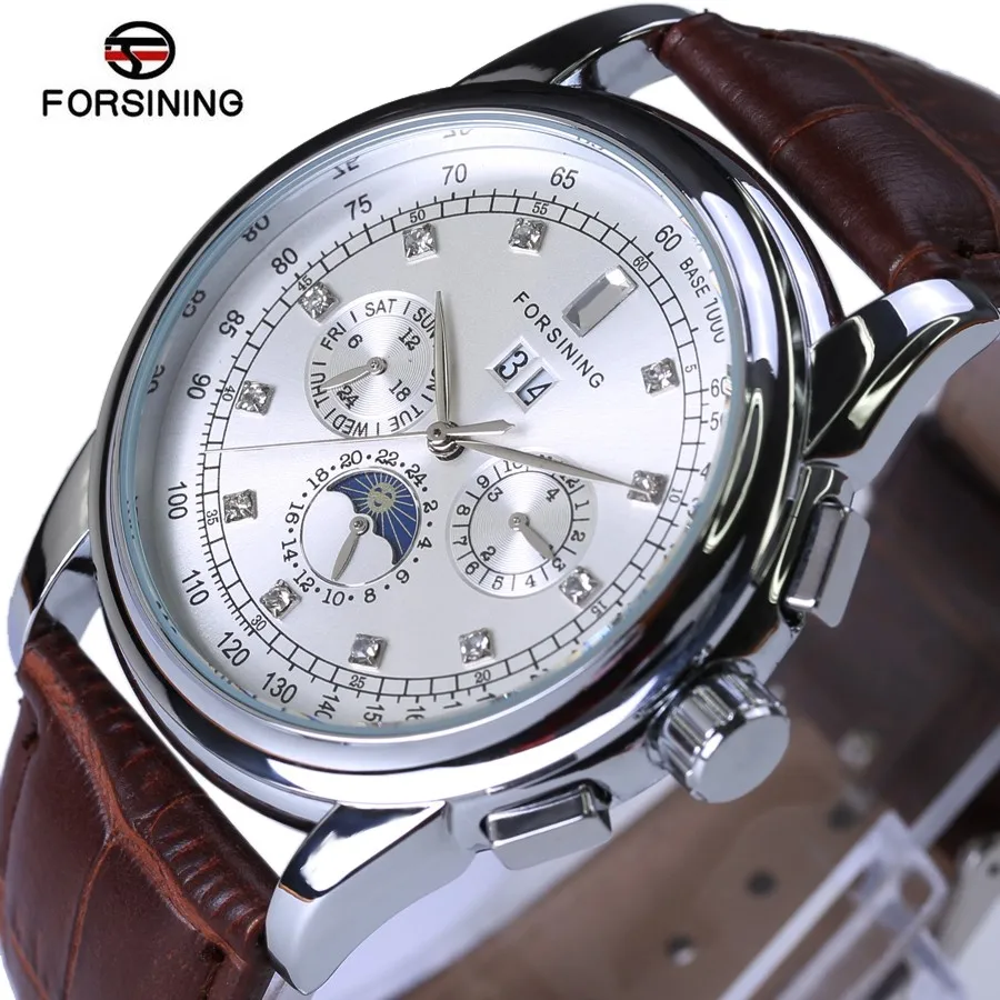 Мужские механические часы Forsining Moon Phase, серебристый чехол, коричневый ремешок из натуральной кожи, мужские часы от ведущего бренда, Роскошные автоматические часы