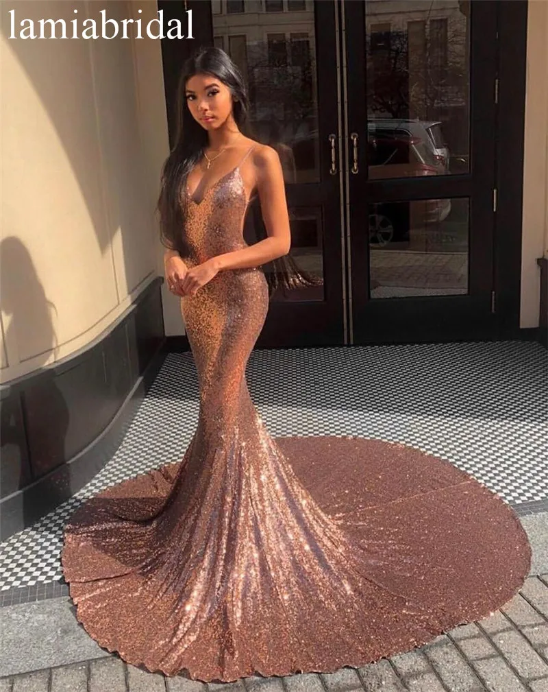 

Sexy Backless Mermaid Prom Dresses 2019 Gold Sequined Cheap 2K19 Couple Fashion Arabic African Formal Graduation Party Gowns