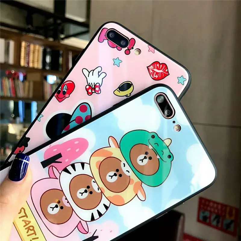 Cute Cartoon Bear minnie Tempered Glass soft Edge Case for iPhone 7 8 6 6s plus X Funny Stacked bear love heart coque cover |