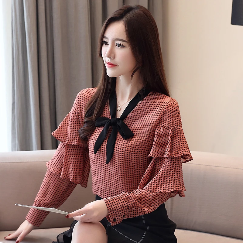 2019 летние женские шифоновые блузки с длинным рукавом и воротником-бабочкой