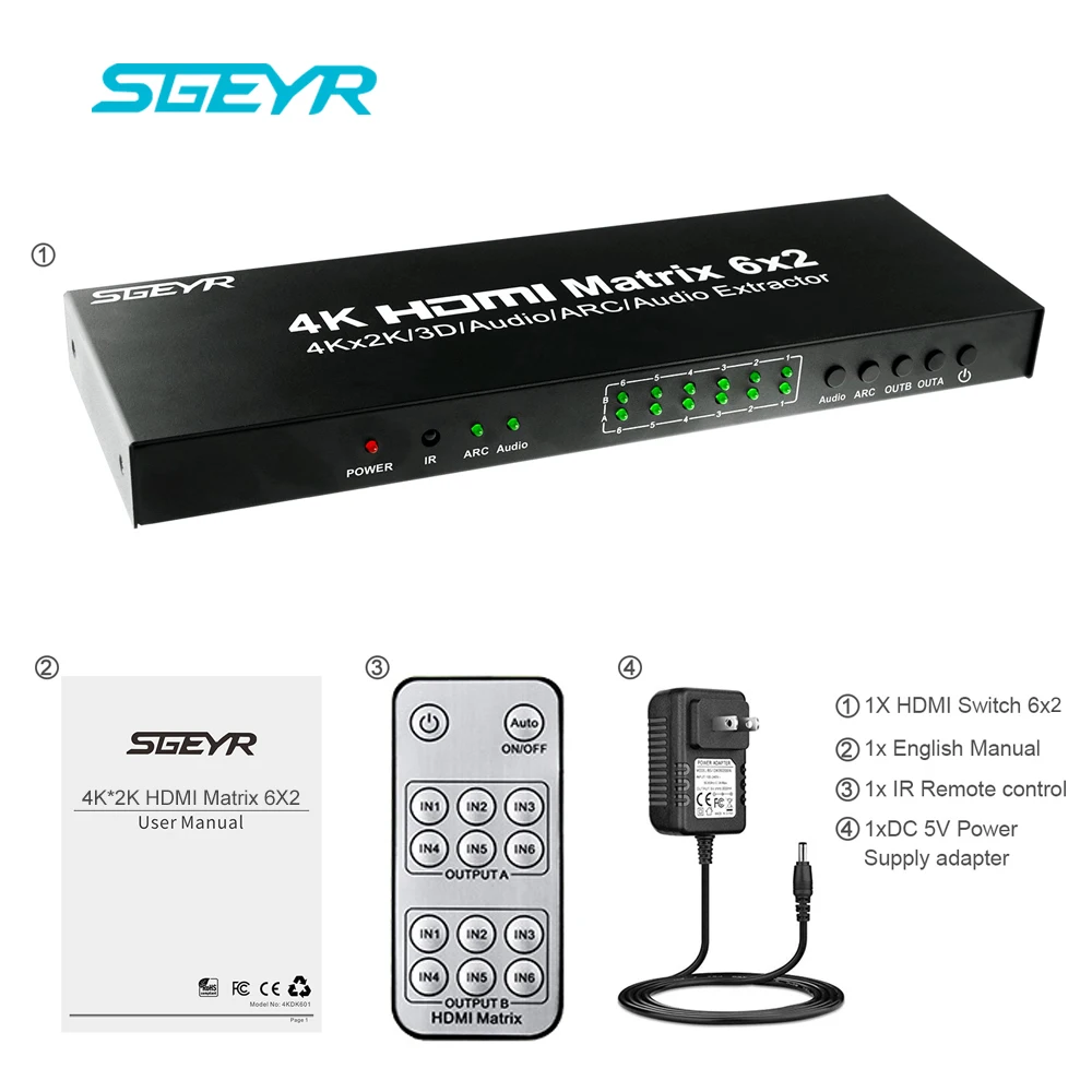 6 портов HDMI матрица 6x2 переключатель сплиттер вход 2 выхода с ИК пультом