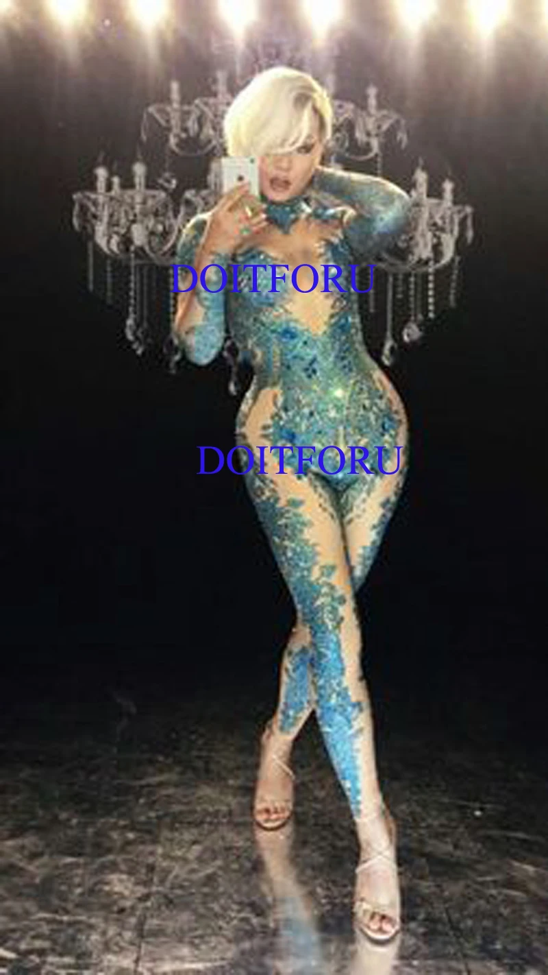 Женский Облегающий комбинезон синий с камнями для танцовщицы Цельный боди