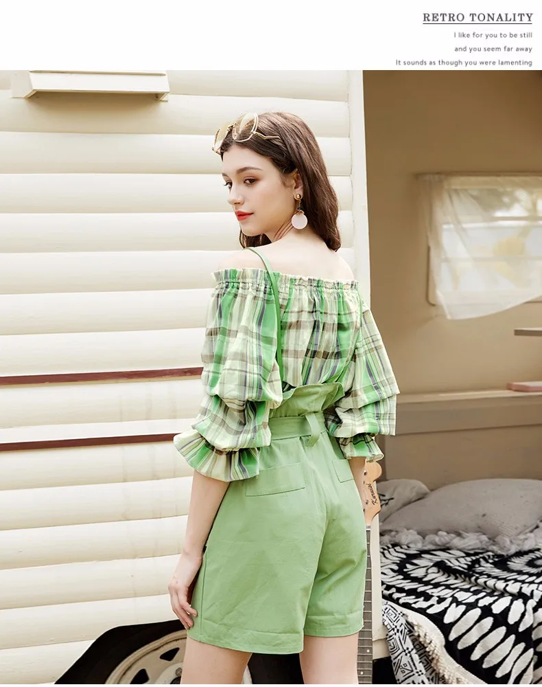 Женский комплект одежды из 2 предметов летние зеленые Блузы кроп-топ в клетку с