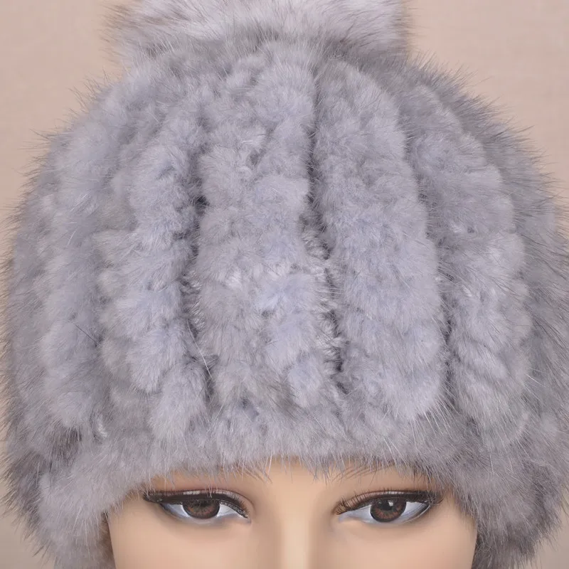 2014 зимняя шапка из 100% натурального меха норки с лисьим помпоном вязаная BE1440