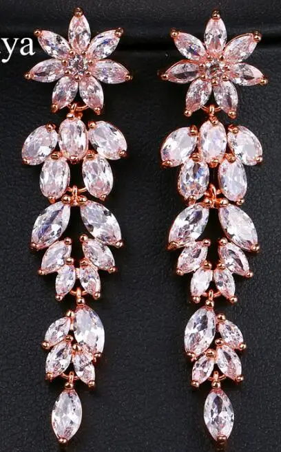 rose gold Emmaya Модные женские серьги с кристаллами в виде листьев 3 цвета циркониевые Серьги Boho Свадебные ювелирные изделия длинные висячие серьги - Окраска металла: rose gold