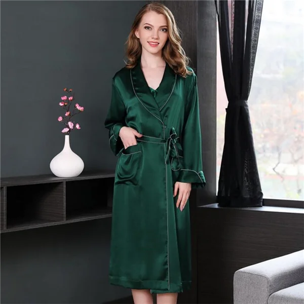 Green IANLAN Womens Spring Summer Bathrobe 19m/m Heavy Weight Real Silk Nightgown Ladies Silk long Pajamas Single Robe IL00455 - Color: Green