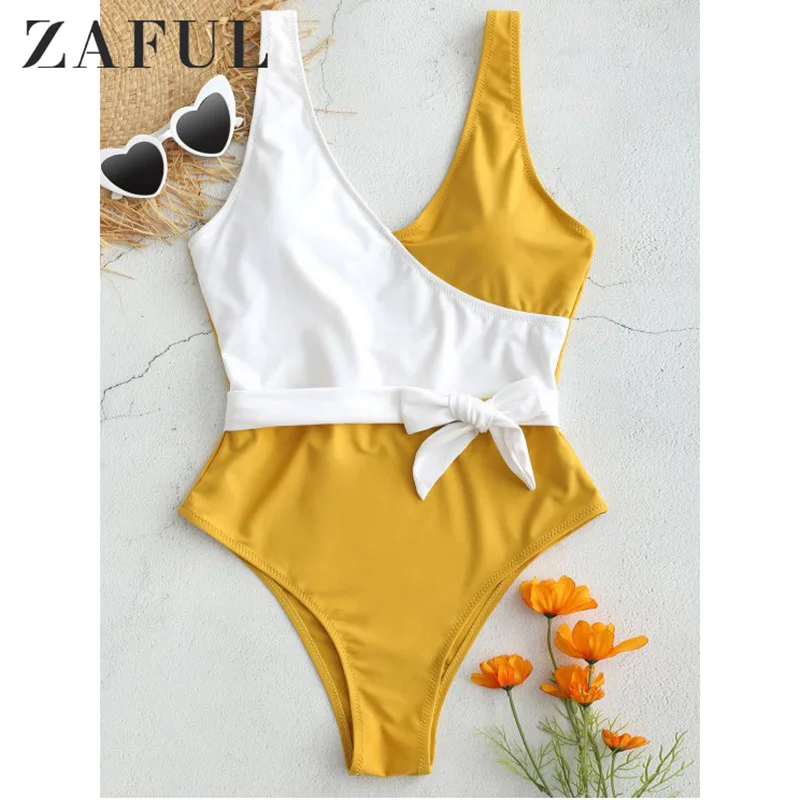 ZAFUL открытая спина сдельный два тона купальник для женщин пэчворк высокая талия