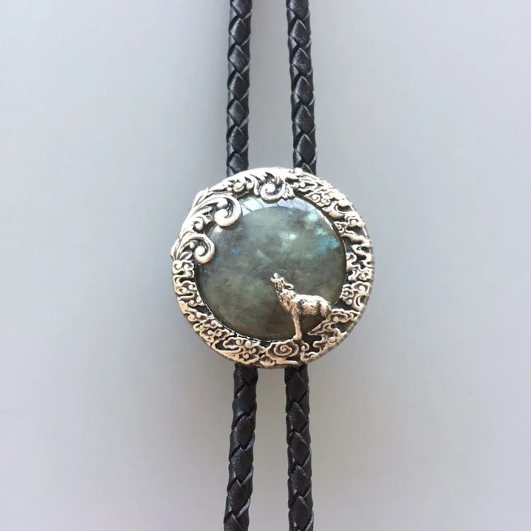 New JEAN'S FRIEND винтажный посеребренный Природный камень лабрадорит Луна волк Боло галстук каждый камень уникален
