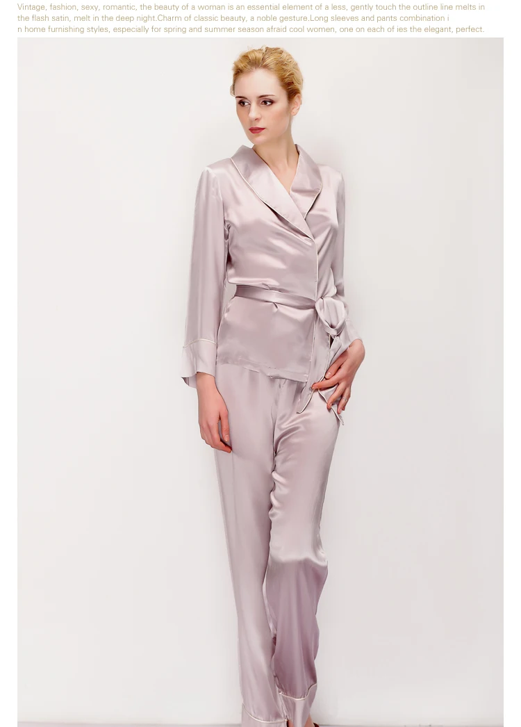 Light Purple Женский пижамный комплект из чистого шелка, женская пижама с поясом и длинным рукавом, Размеры M L XL - Цвет: Light Purple
