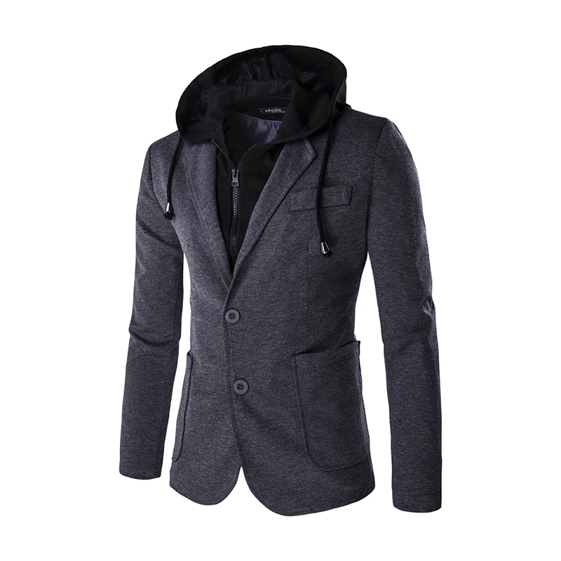 2016 Мода Пиджаки Мужчин Slim Фитнес-Оставить Два С Капюшоном Куртки Blazer Формальные