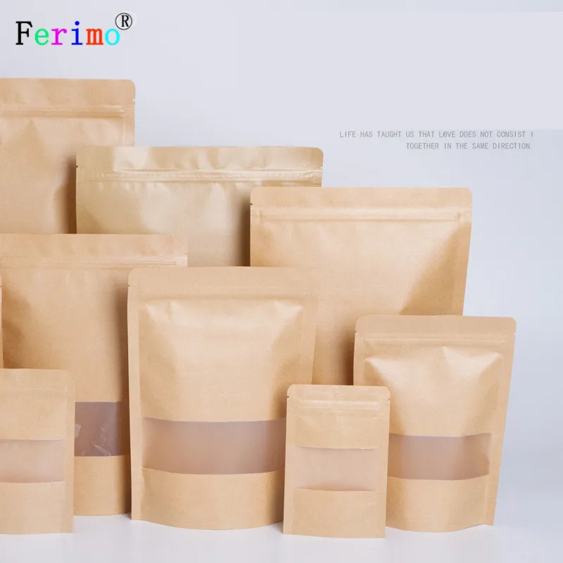 

50pcs Sanding fenestrate cowhide paper bag 20*30cm thickening self-contained self standing bag dried fruit bag gift bag