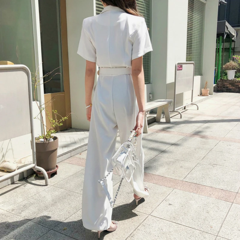 

2019 Summer Womens Office Wear Playsuit White Jumpsuit Short Sleeve VNeck Rompers Chiffon Wide Leg Pants Long Trousers with Belt