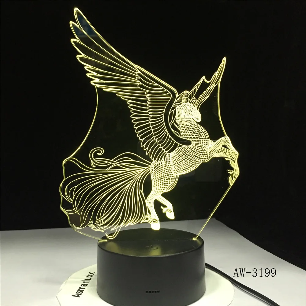 Большие крылья Единорог 3D светодиодный ночной Светильник вечерние мультфильм