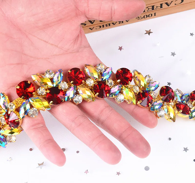 1 Yard Romantic Accessories Multicolor Glass Acrylic Rhinestone Chain Crystal Flower Trim Applique Sew Costume Shoes Diy Dresses | Дом и сад