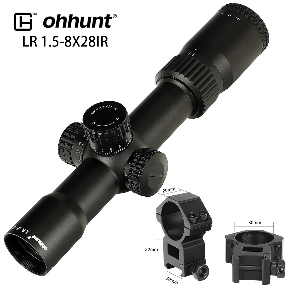 Ohhunt LR 1,5-8X28 IR Hunitng Riflescope Mil Dot стекло травленая сетка тактические оптические прицелы револьверный Сброс блокировки для прицела - Цвет: High Picatinny Rings
