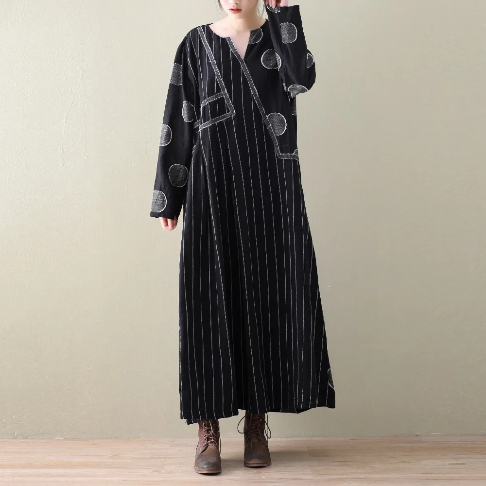 2018 New Spring Women Cotton Linen Dress Patchwork Long Sleeve Striped Dots Casual Vintage Robe Plus Size Clothing | Женская одежда