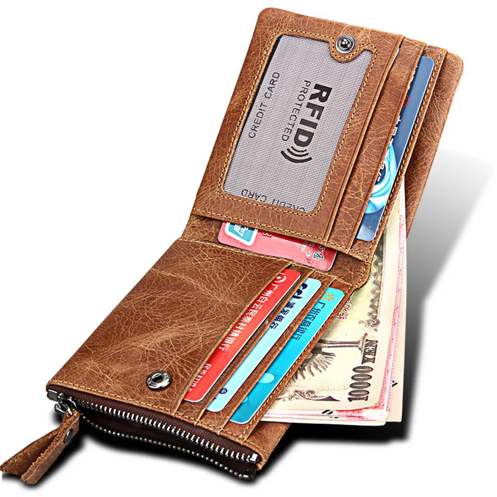 

Genuine Crazy horse Leather Mens Wallets Zipper Design Short Men fashion Purse Male Clutch with Card Holder Coins Purses Walet