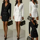 Платье женское приталенное, Модный повседневный двубортный Блейзер, однотонная формальная верхняя одежда с отложным воротником и V-образным вырезом, размера плюс