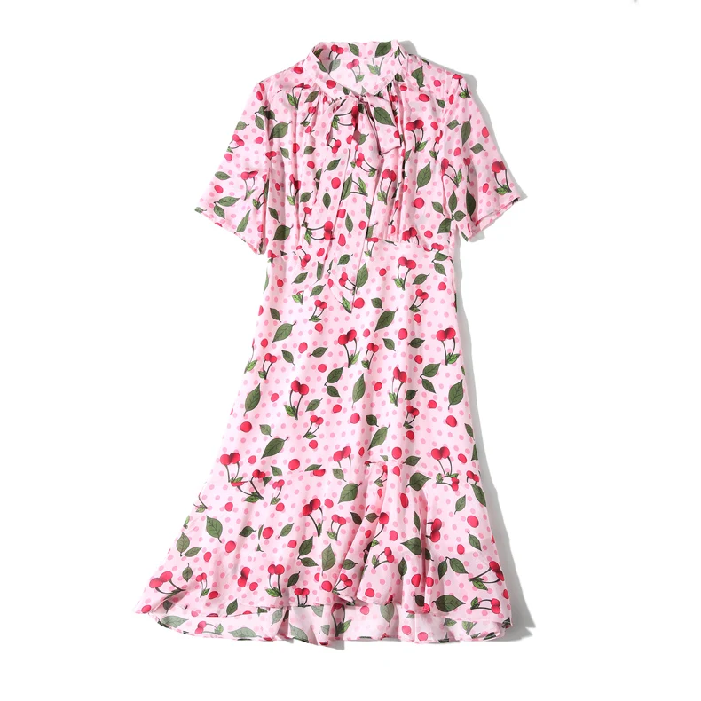 

100% Silk Women's Runway Dresses Bow Collar Short Sleeves Floral Printed Ruffles Elegant Casual Dresses