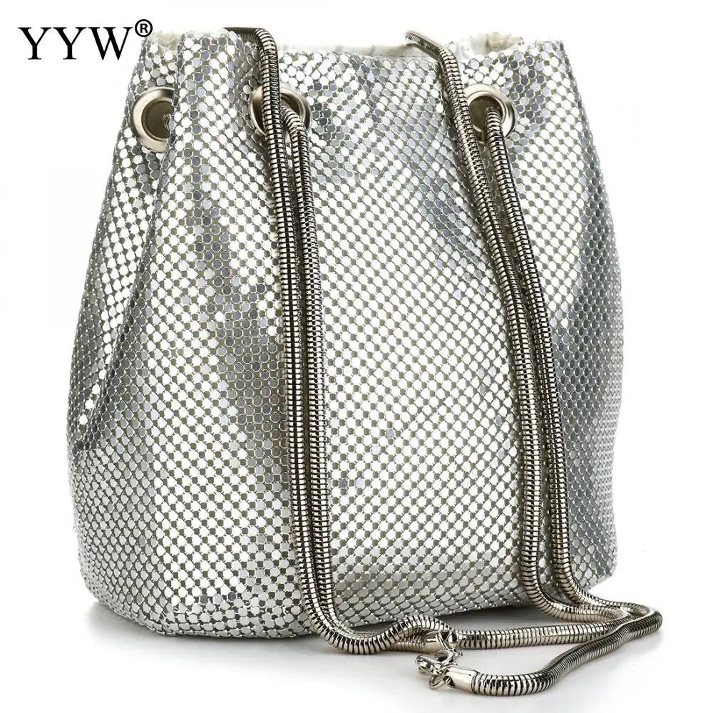 Fashion Evening Party Clutch Bucket Bags For Women 2022 Long Chain Shoulder Bag  Sliver Gold Purse And Handbags Female Clutches