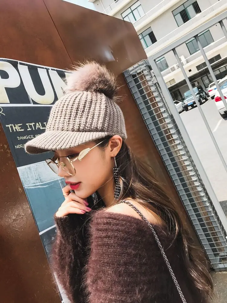 Fashion Big Hairball Baseball Caps for Women and Girl Autumn Winter Warm Knitted Hairy Hats Adjustable Wool Snapback Cap