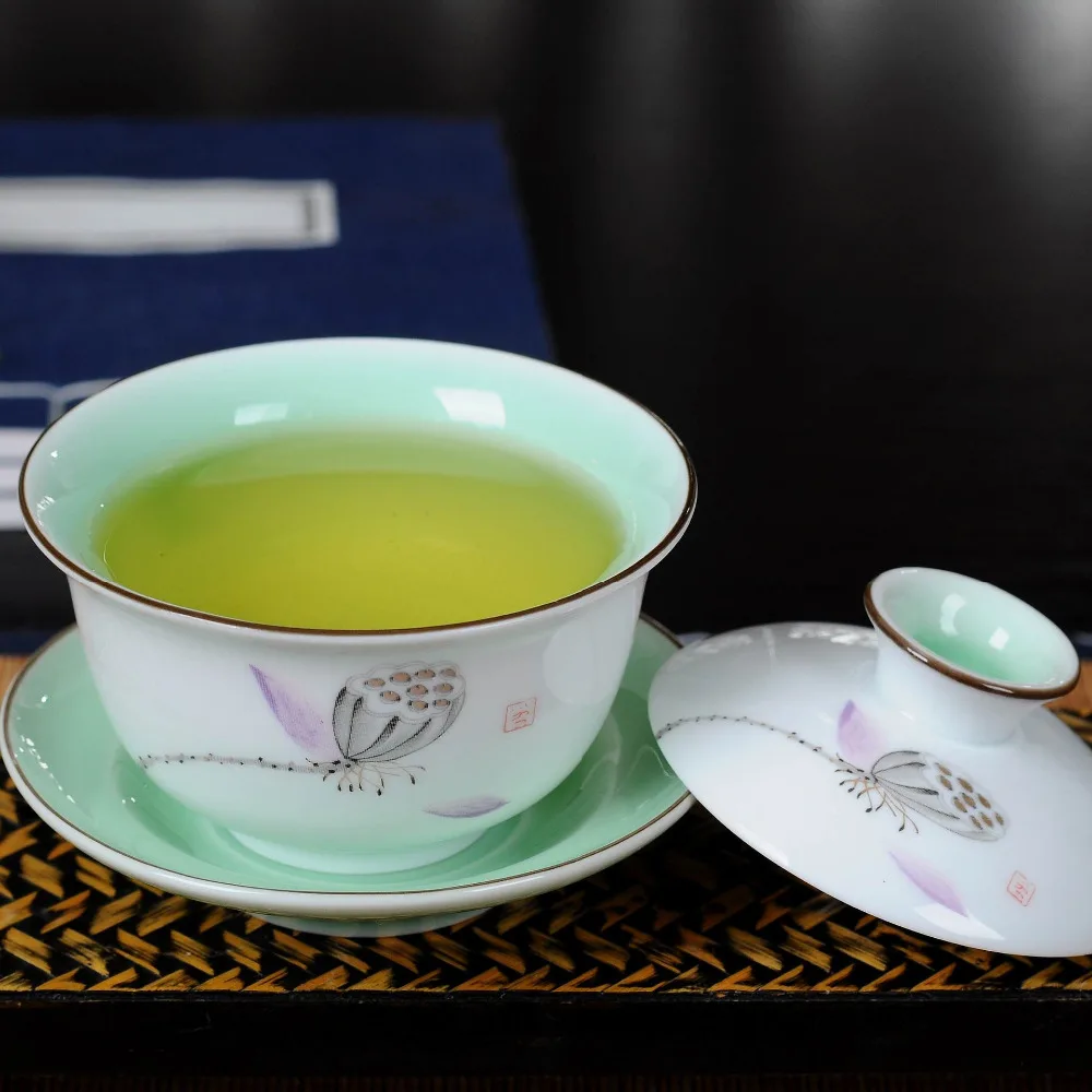 Китайский чайный сервиз Gaiwan фарфоровая Глазурь из селадона голубой и белый