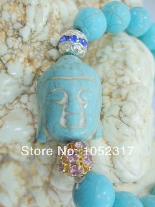 

New Wholesale 10mm Stone howlite Round Bead inlay Buddha Head Rhinestone Ball Bracelet Elasticity Adjustable Style