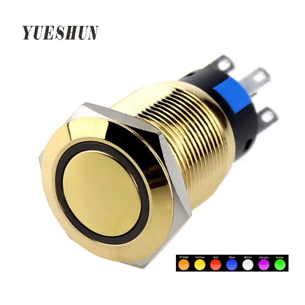 

YUESHUN 19mm Gold Plated Brass Illuminated Push Button Switches Waterproof Metal LED Momentary Latching Switches