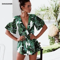 danjeaner flare sleeve floral print romper with belt women summer beach v neck sexy jumpsuit short overalls casual boho bodysuit