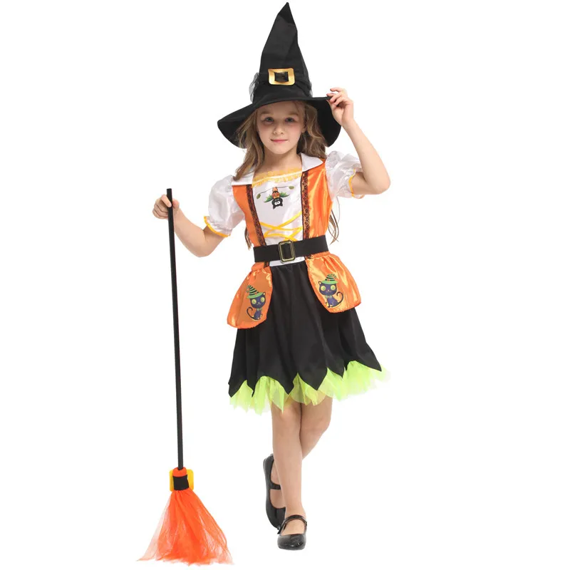 

Girls Gothic Witch Cosplay Halloween Sorceress Costume for Kids Children Purim Carnival parade Stage play Masquerade party dress