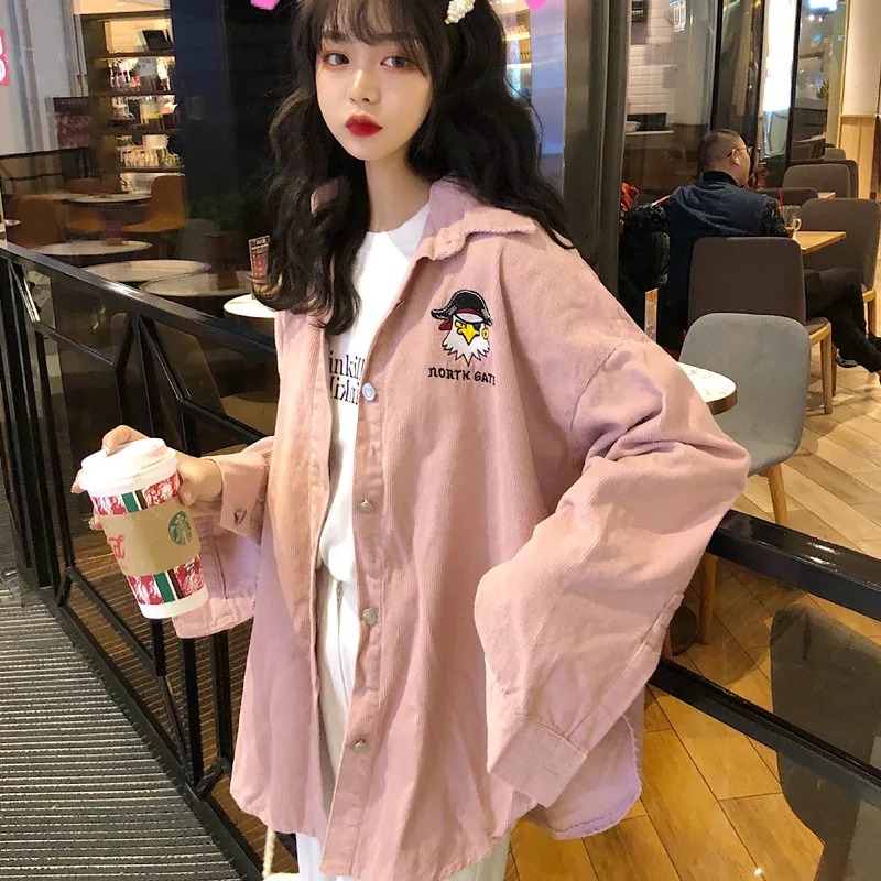 Женские рубашки женские Kawaii винтажные вельветовые ленивые с вышивкой панк