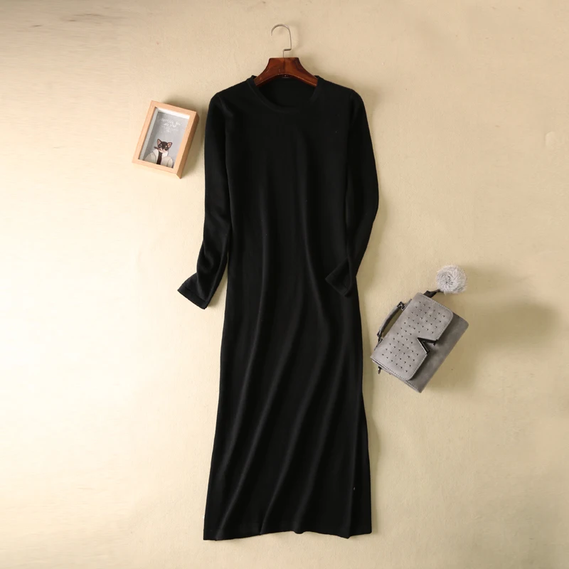 

2018 new spring and autumn female round neck floor-length cashmere sweater one-piece dress casual solid sheath cute women dress