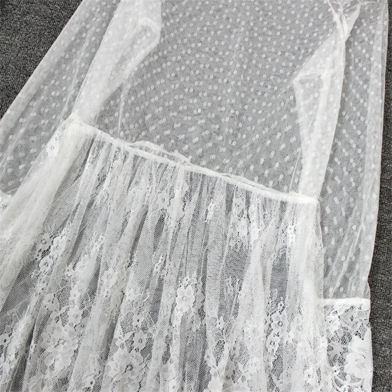 Женское сетчатое длинное платье прозрачное кружевное с длинным рукавом белое
