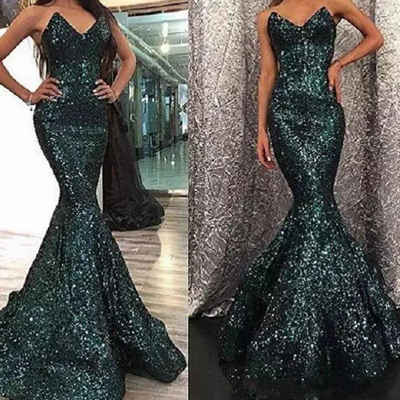 

Dark Green Sequins Prom Dresses Mermaid Fashion Curved Sweetheart Neck Hunter Color Sweep Train Dubai Prom Gowns Zipper Back