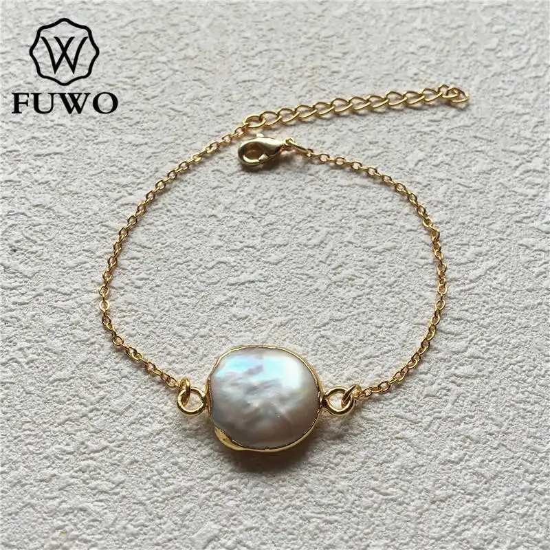 

FUWO Exclusively Designed 24K Gold Filled Oblate Pearl Bracelet Female Elegant Freshwater Pearl Jewelry Christmas Gift BR504
