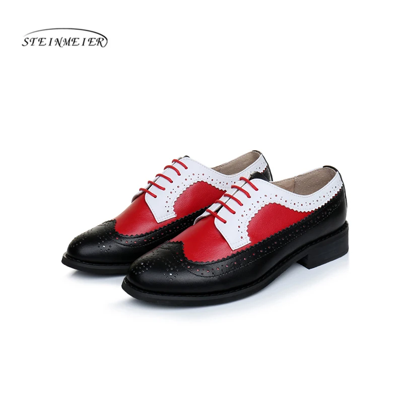 white red black 2 Женские оксфорды из натуральной кожи; женская обувь на плоской подошве; ручная работа; винтажные лоферы на шнуровке в стиле ретро; коричневые Повседневные тапочки плоские туфли для женщин - Цвет: white red black 2
