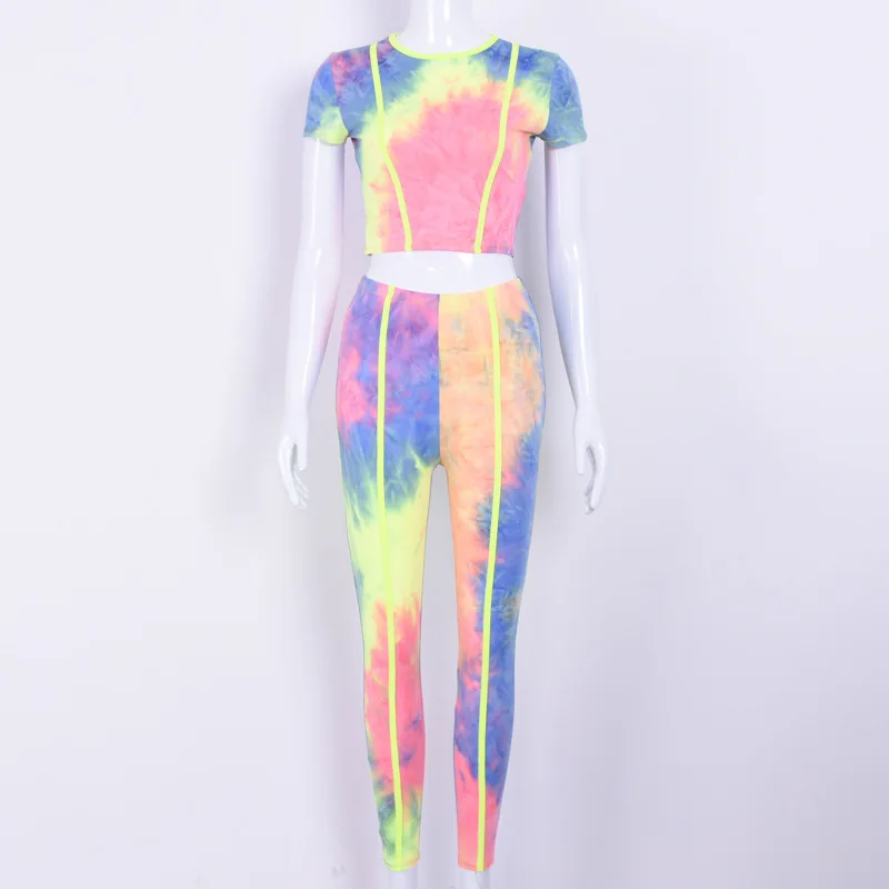 Yoga Sets Woman Sportswear Short Sleeve Crop Tops High Waist Skinny Leggings Summer Female Print Patchwork Casual Clothes |