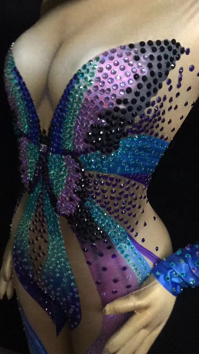 Сексуальный Комбинезон С Рисунком бабочки боди со сверкающими кристаллами для