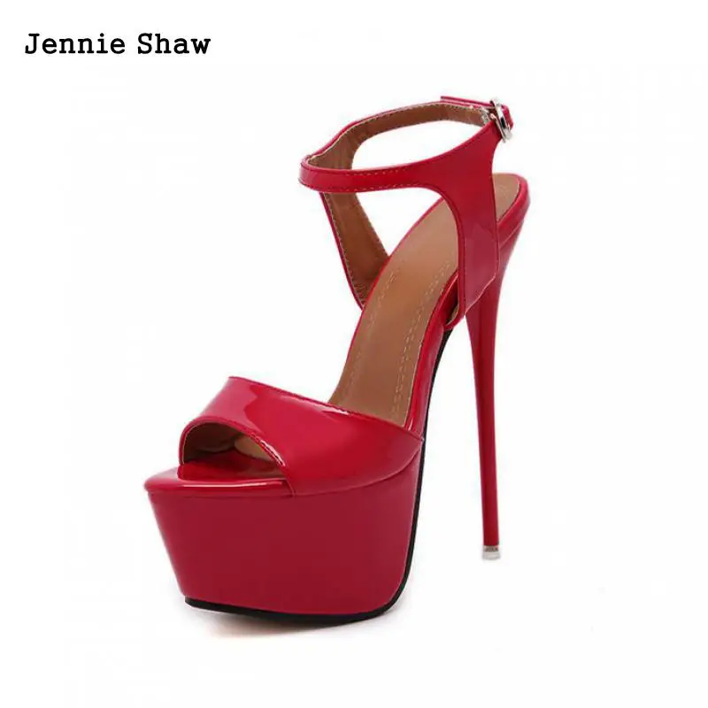 

17cm Super High Heels Sandals Catwalk Shoes Buckle Platform Sandals Patent Leather Women Shoes