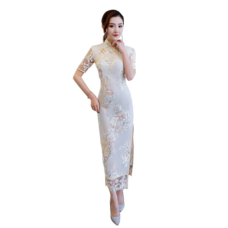 Вышивка с длинным Cheongsam высокое Разделение кружева платье Чонсам Для женщин китайское традиционное платье ретро элегантность Вечеринка платья