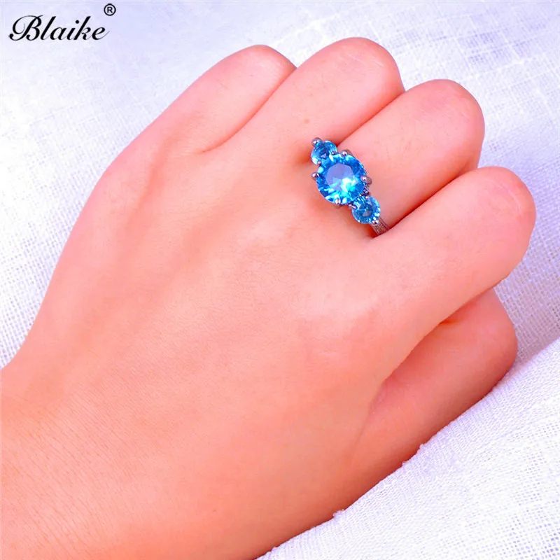 Blaike Three Aqua Blue Stone Cubic женские кольца на палец Vintage Black Gold Filled Свадебный ювелирные