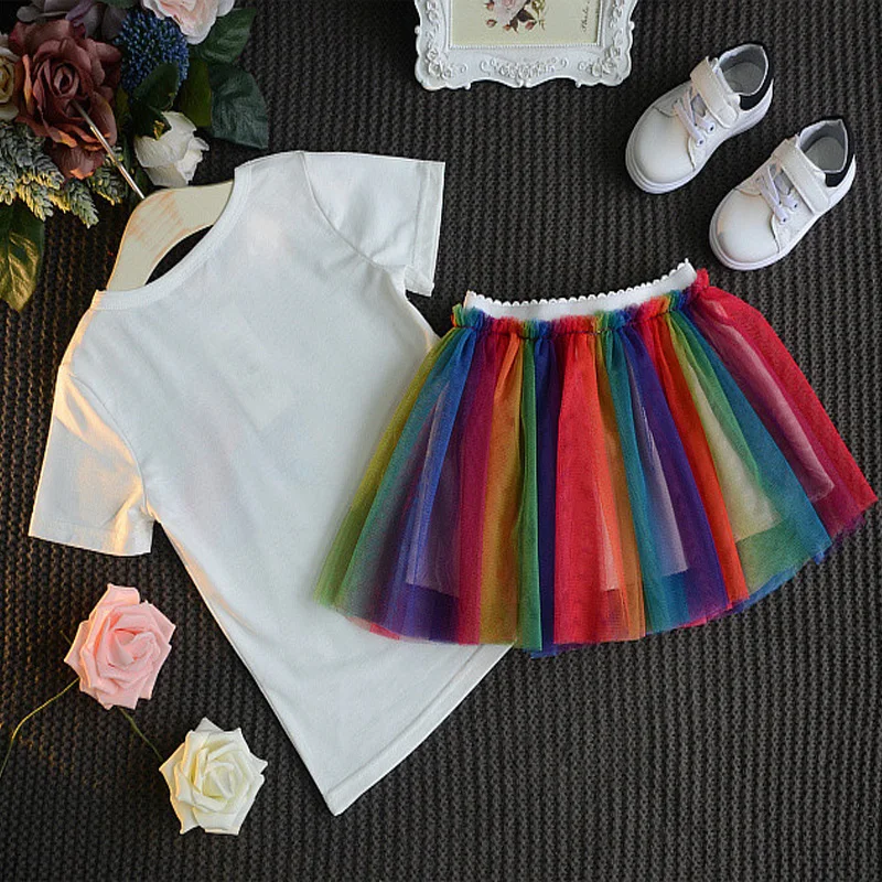 Детская одежда детская для девочек хлопковая Футболка с принтом + юбка радугой
