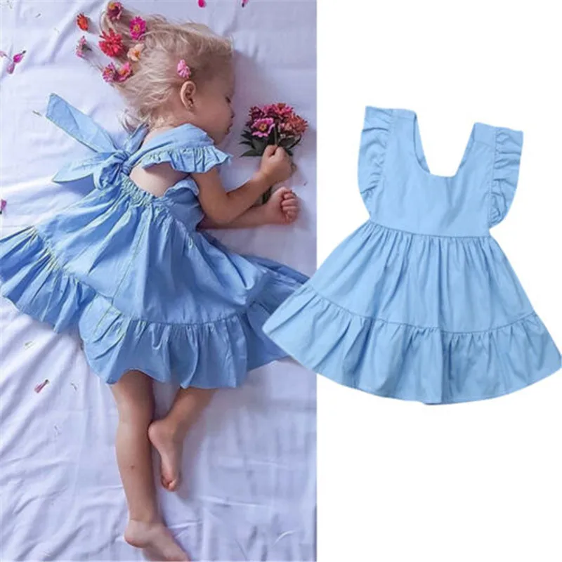 1-5Y Casual Kids Baby Girl Plain Sundress Flying Sleeve Swing Princess Dress Solid Backless Bow Lace-up Wedding Party Tutu | Детская